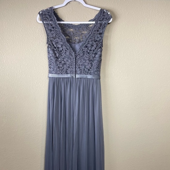David's Bridal Long Bridesmaid Dress with Lace Bodice pewter, sz 2, F19328 - Picture 6 of 15